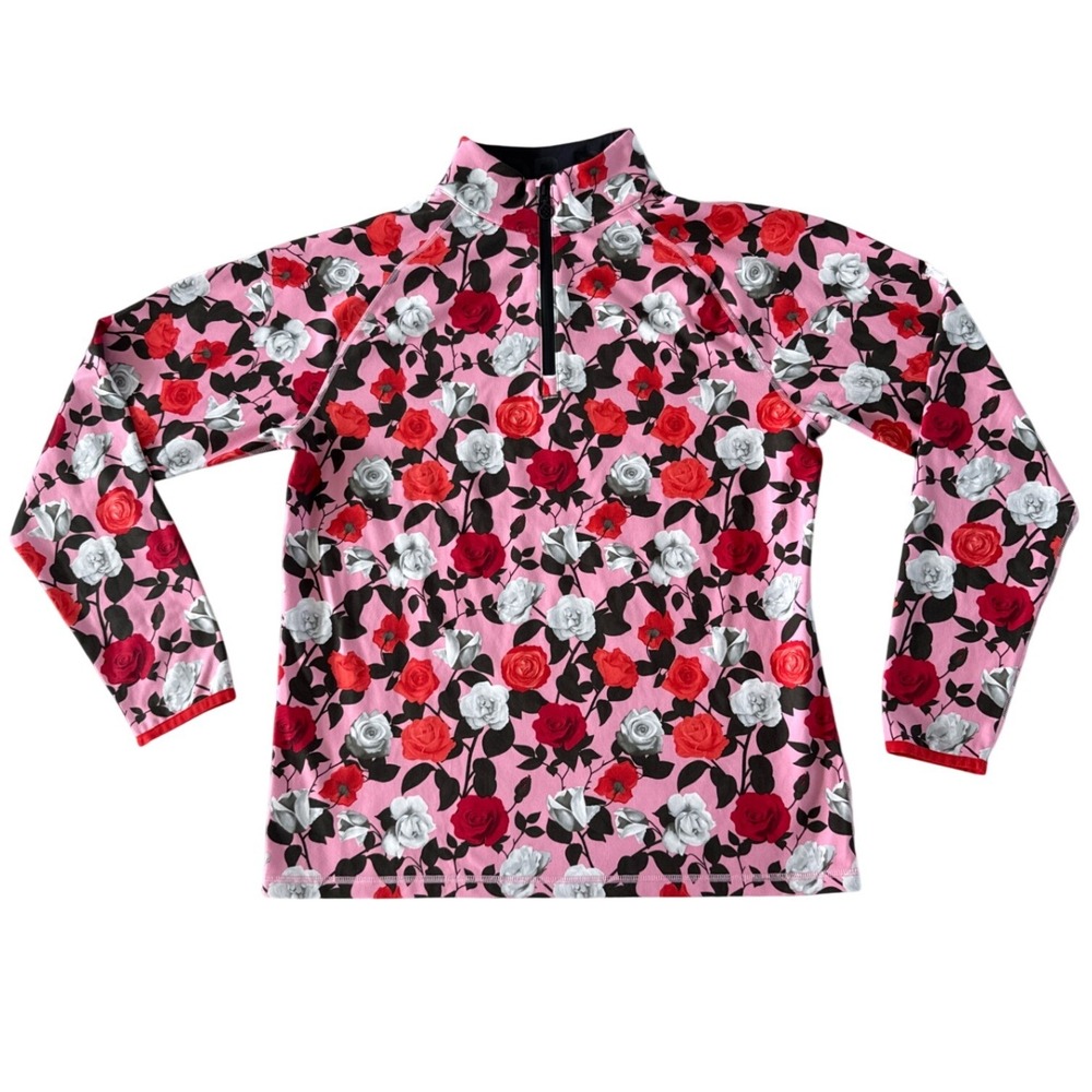 G/FORE Pray for Birdies Quarter Zip Pullover Medium Pink Floral Rose Top Golf
